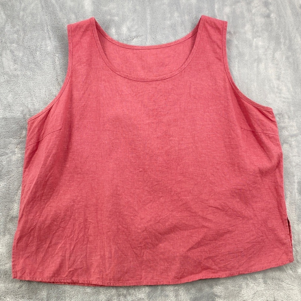 Linen Blend Shell Tank Top Coral Pink Sleeveless Scoop Neck Boho Lagenlook Med.